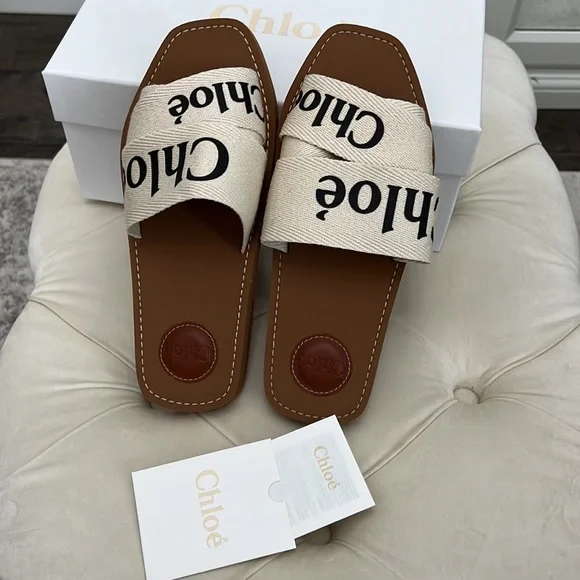 NEW IN A BOX AUTHENTIC CHLOE WOODY FLAT LOGO SANDALS SIZE 8 - Picture 5 of 6